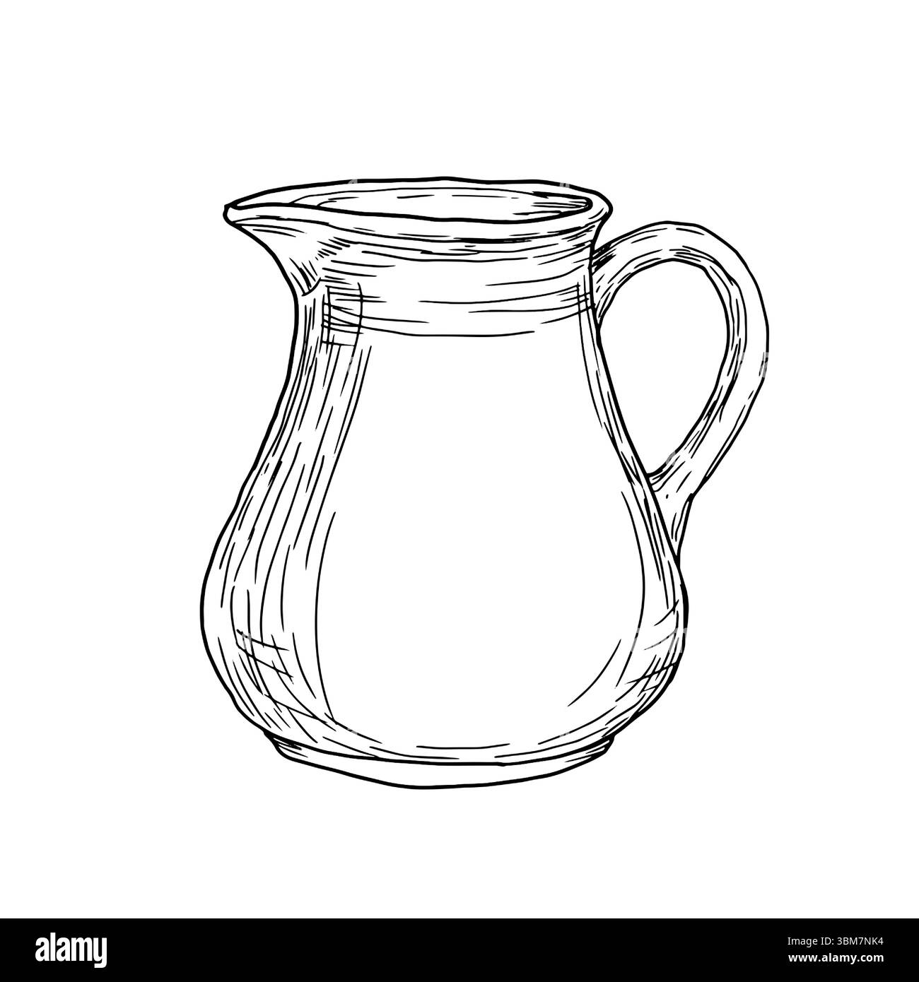Pichet en verre pour l'eau ou le lait, croquis à l'encre noire et blanche. Illustration vectorielle. Carafe avec poignée de salle de bain, isolée sur fond blanc. Le Illustration de Vecteur
