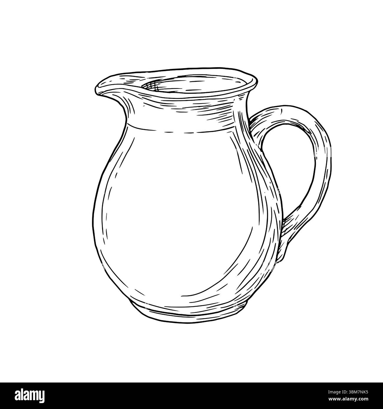 Pichet en verre pour l'eau ou le lait, croquis à l'encre noire et blanche. Illustration vectorielle. Carafe avec poignée de salle de bain, isolée sur fond blanc. Le Illustration de Vecteur
