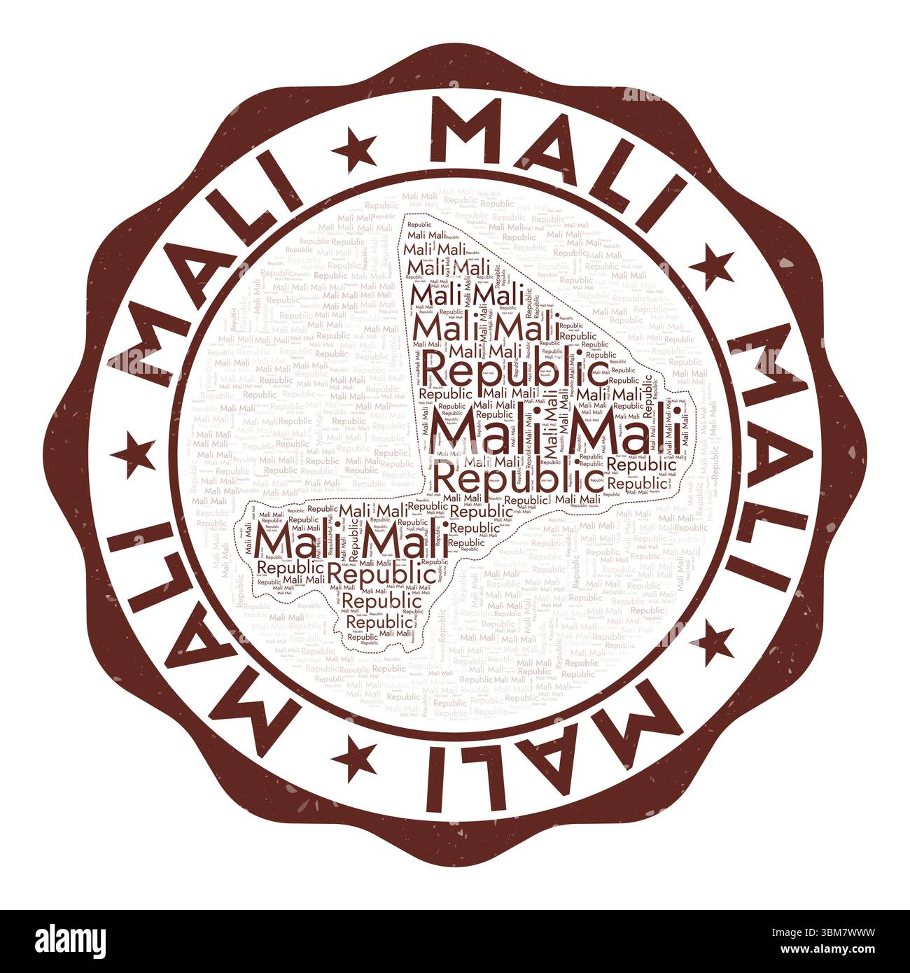 Logo Mali. Badge de pays étonnant avec nuage de mots en forme de Mali. Emblème rond avec le nom du pays. Illustration vectorielle impressionnante. Illustration de Vecteur