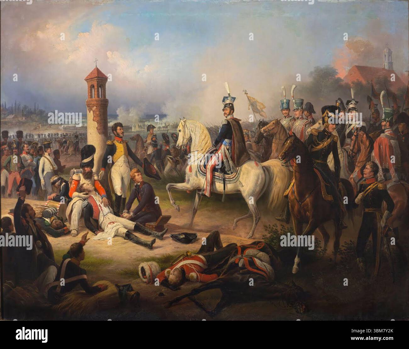 La mort de Cyprian Godebski à Raszyn est une peinture d'histoire de 1855 de l'artiste polonais January Suchodolski.[1] il représente la bataille de Raszyn le 19 avril 1809 pendant les guerres napoléoniennes, en particulier la mort de l'écrivain et soldat polonais Cyprian Godebski.[2] au déclenchement de la guerre de la Cinquième Coalition, l'Autriche a lancé une invasion du Grand-Duché de Varsovie, soutenu par les Français. Banque D'Images