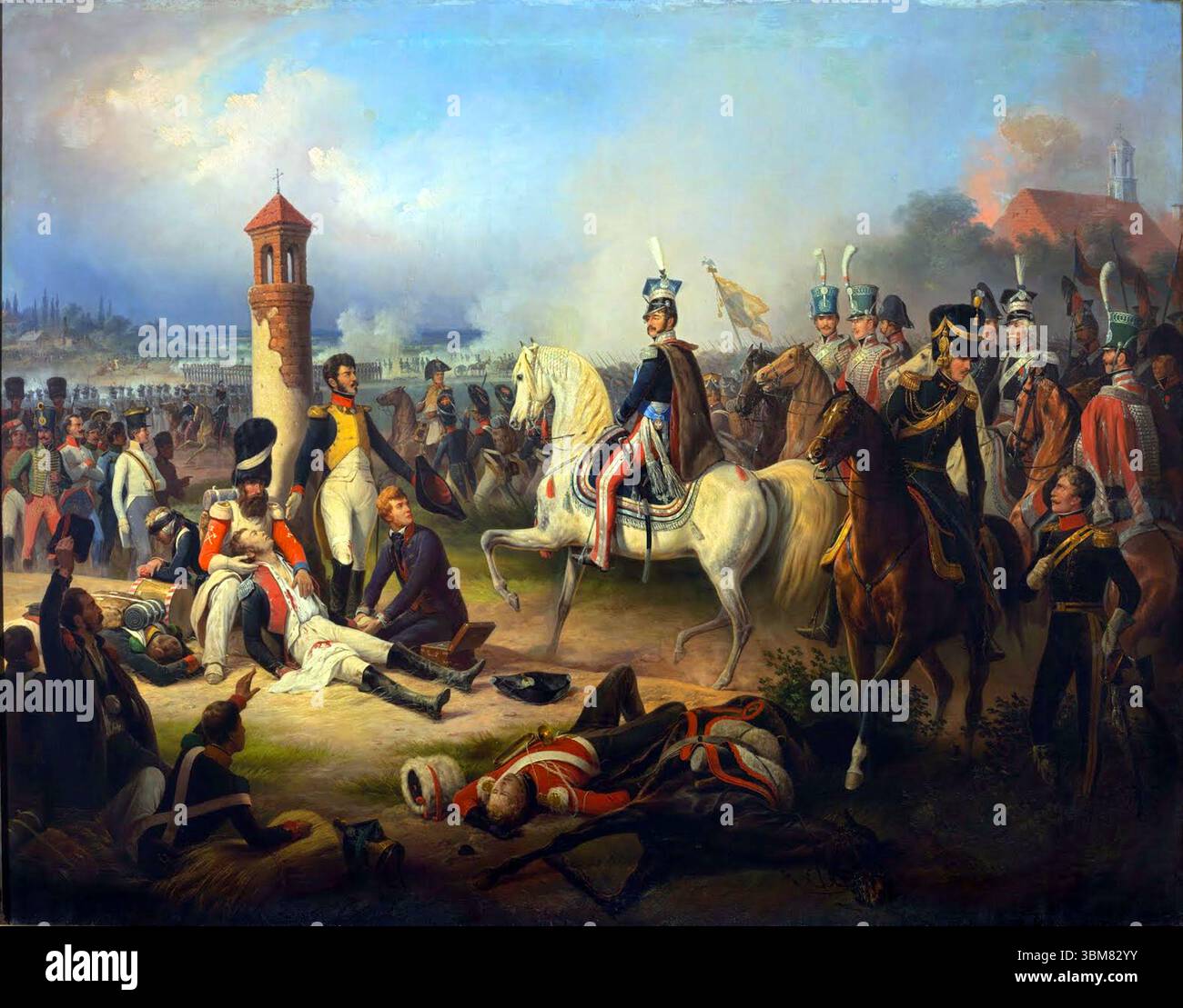 La mort de Cyprian Godebski à Raszyn est une peinture d'histoire de 1855 de l'artiste polonais January Suchodolski.[1] il représente la bataille de Raszyn le 19 avril 1809 pendant les guerres napoléoniennes, en particulier la mort de l'écrivain et soldat polonais Cyprian Godebski.[2] au déclenchement de la guerre de la Cinquième Coalition, l'Autriche a lancé une invasion du Grand-Duché de Varsovie, soutenu par les Français. Banque D'Images