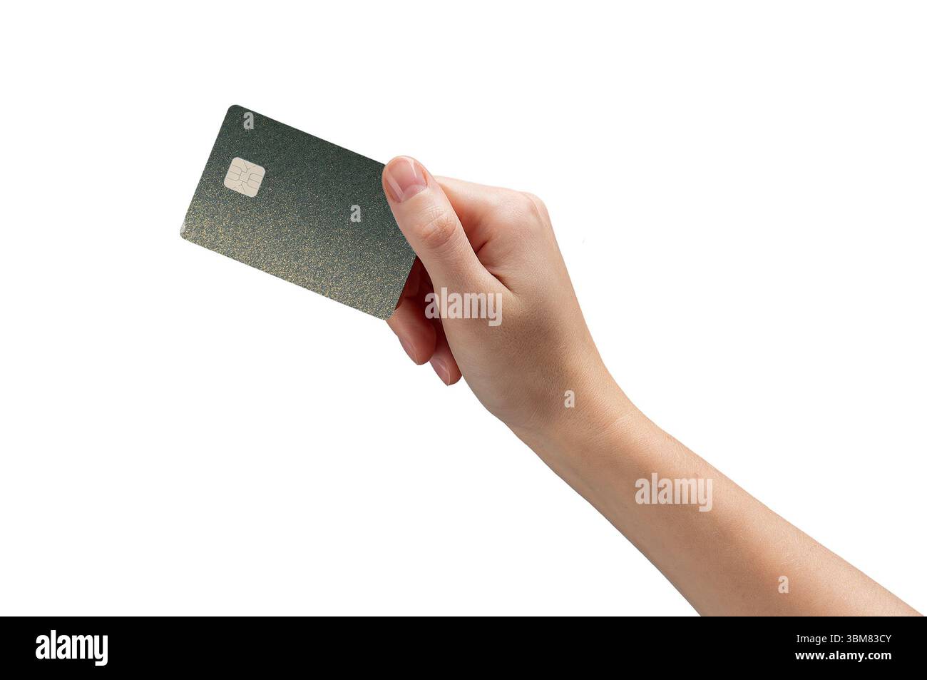 Carte bancaire en main, présentant une carte de débit ou de crédit avec puce pour le paiement en ligne. Représenter la finance moderne, les transactions sans numéraire et le transfert sécurisé Banque D'Images