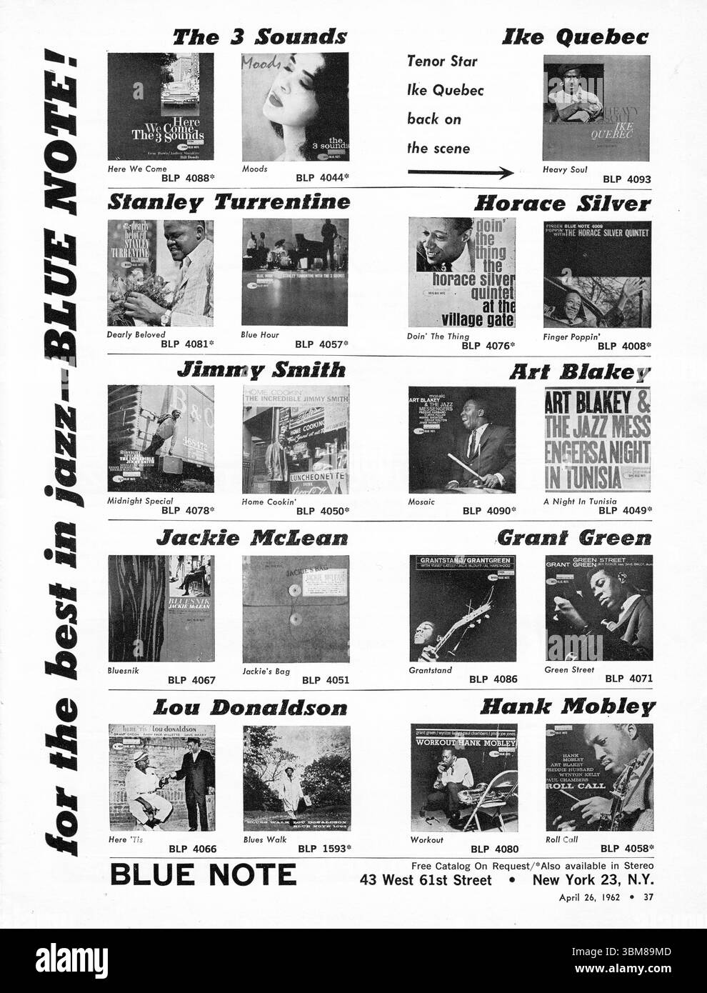 Une pleine page d'annonce dans un magazine de musique de 1962 faisant la promotion de 10 nouveaux disques LP sortis par le légendaire label de jazz Blue Note. Il comprend de la musique d'Art Blakey, Horace SilverJackie McLean et d'autres Banque D'Images Une pleine page d'annonce dans un magazine de musique de 1962 faisant la promotion de 10 nouveaux disques LP sortis par le légendaire label de jazz Blue Note. Il comprend de la musique d'Art Blakey, Horace SilverJackie McLean et d'autres Banque D'Images