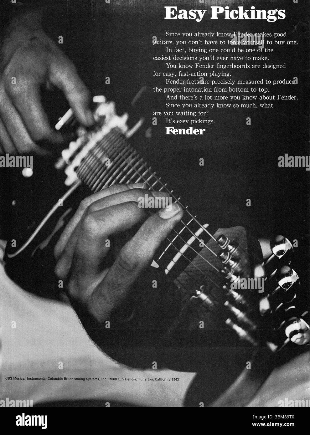 Une publicité d'un magazine de musique de 1970 pour les guitares Fender. La ligne de tag est facile de cueillir, un double sens faisant allusion à la façon dont il est lisse de choisir cette guitare et de jouer cette guitare. Banque D'Images
