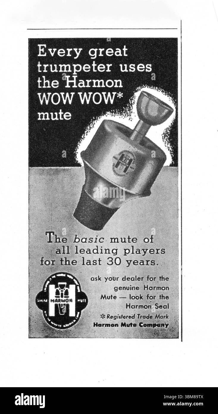 Une publicité d'un magazine du milieu des années 1950 pour une sourdine Harmon Wow Wow utilisée par les trompettistes depuis plus de 30 ans Banque D'Images