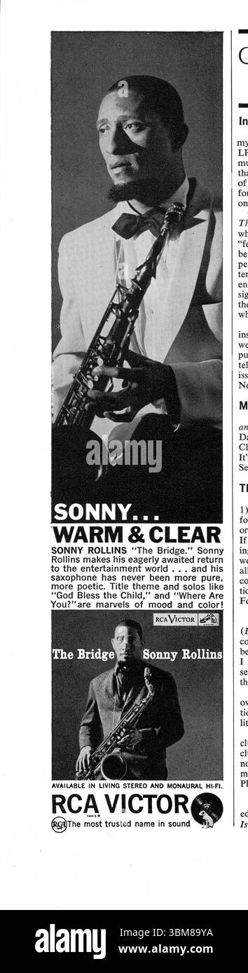 Une annonce de RCA Victor pour un LP de la légende du saxophone, Sonny Rollins. C'était son journal attendu 'The Bridge' qui est une référence au pont de Williamsburg où il a passé son hiatus à pratiquer. Banque D'Images