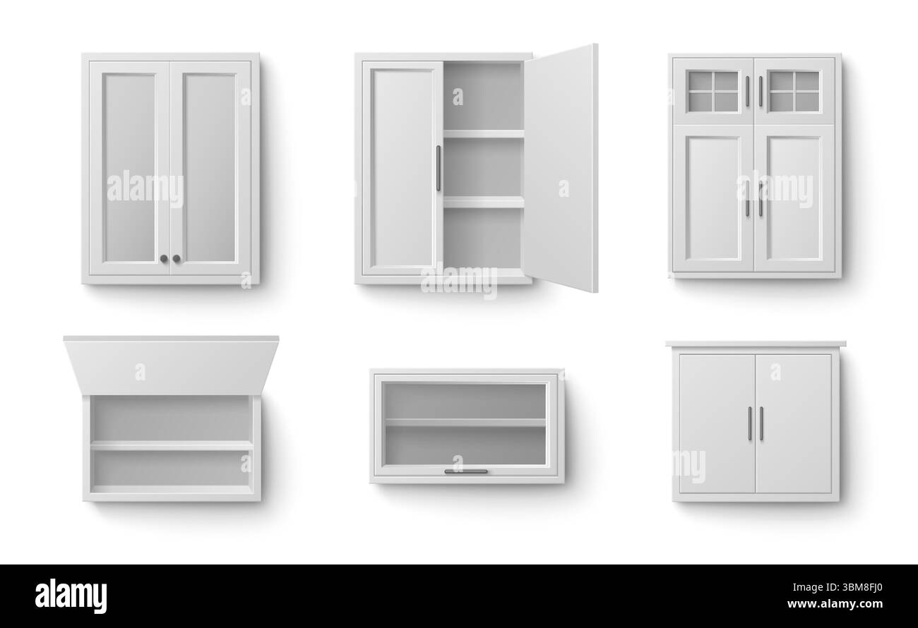 Collection blanche d'armoires de cuisine dans divers styles de rangement. Différentes unités murales avec portes vitrées, étagères ouvertes, façades de panneaux fermées et meubles supérieurs pour une organisation moderne de la maison. Illustration de Vecteur