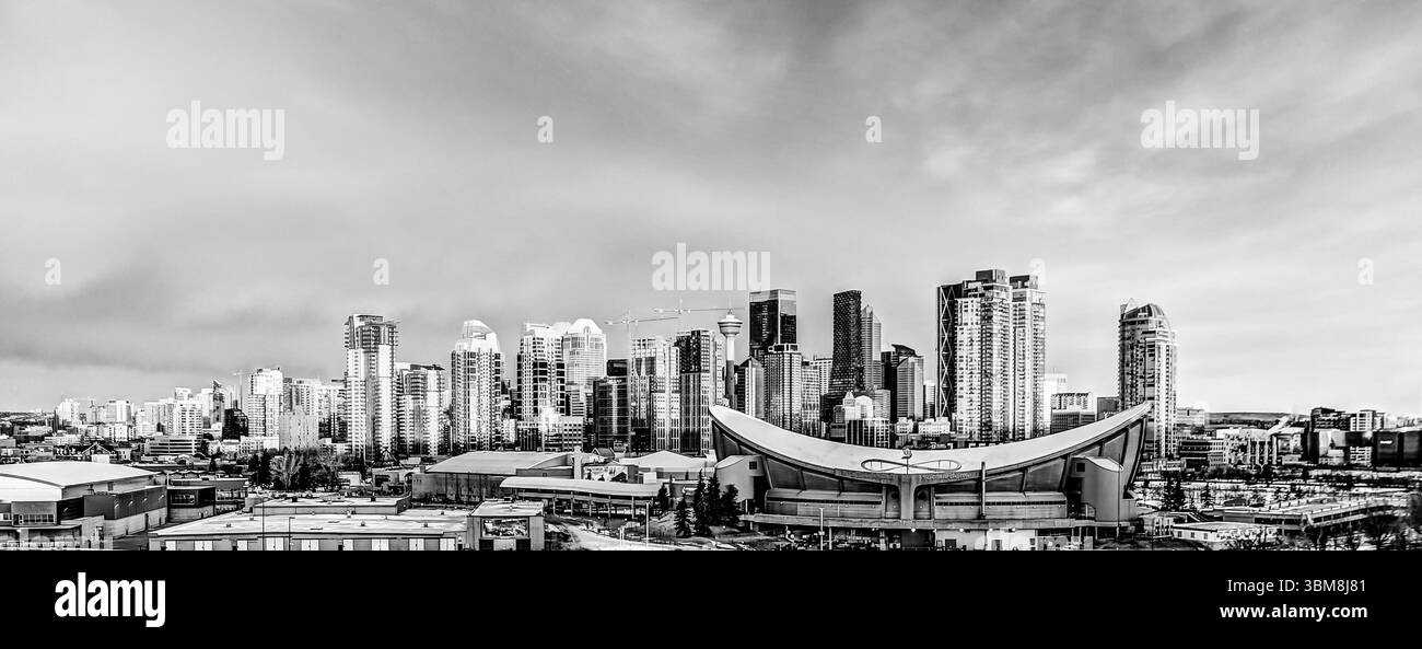 La ligne d'horizon du centre-ville de Calgary, Alberta, en noir et blanc Banque D'Images