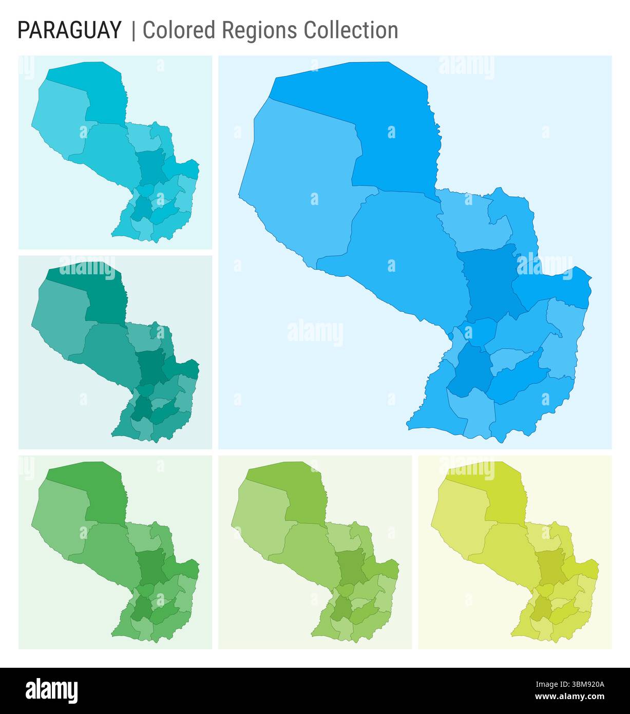 Collection de cartes Paraguay. Forme de pays avec régions colorées. Bleu clair, cyan, sarcelle, vert, vert clair, palettes de couleurs de chaux. Illustration de Vecteur