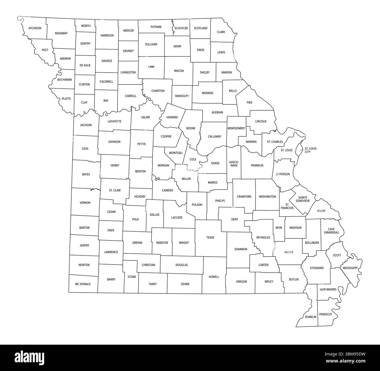 État du Missouri, subdivisé en 114 comtés et ville indépendante de disposant Louis, carte politique. État dans la région du Midwest des États-Unis. Banque D'Images