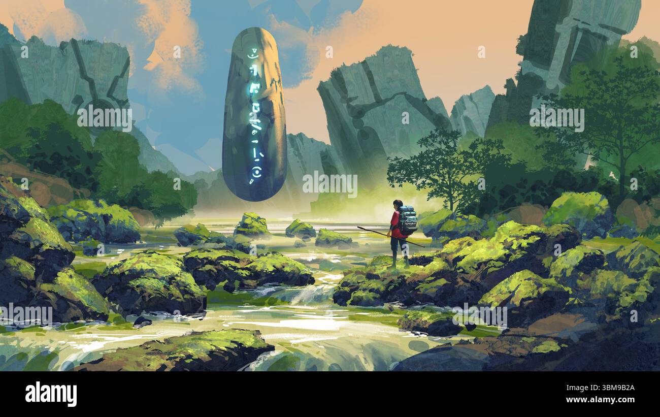 Un ancien monolithe lumineux flotte au-dessus d'une crique de jungle moussue, observé par un explorateur solitaire dans une mystérieuse ruine, style art numérique, peinture d'illustration Banque D'Images