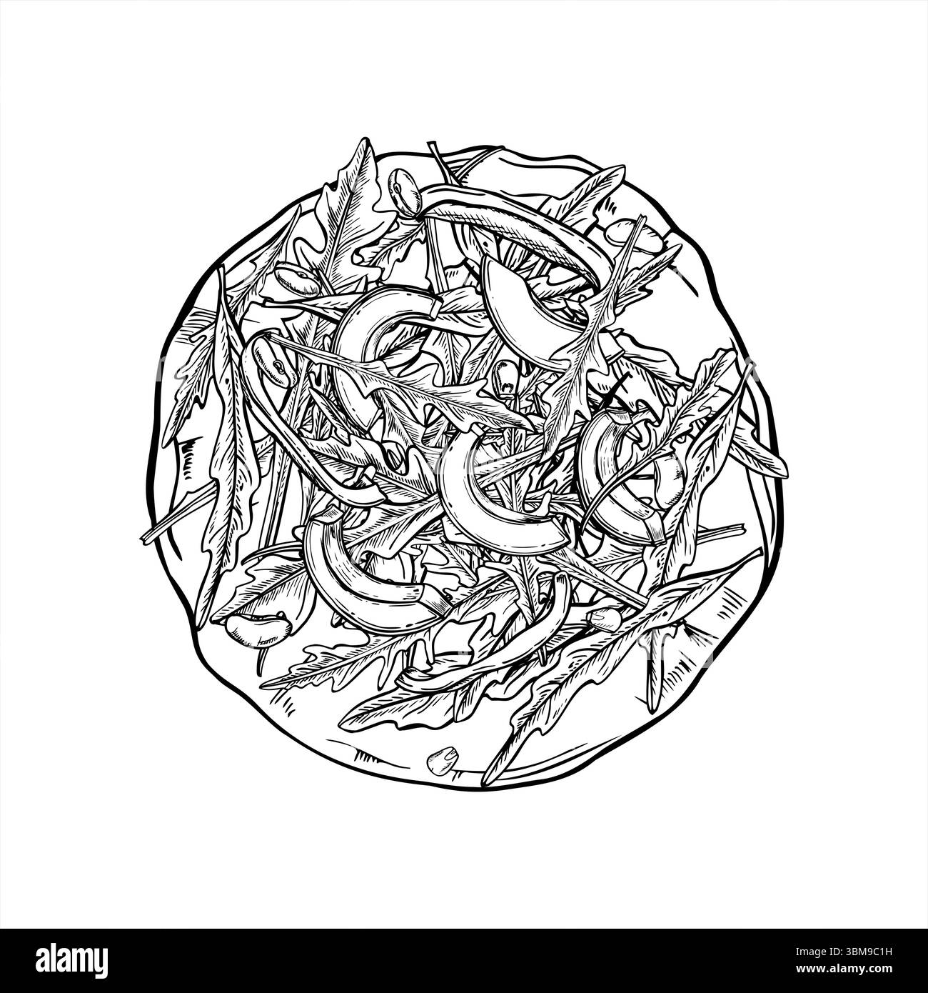 Tortilla ou pizza avec roquette, tranches d'avocat, haricots et illustration d'encre d'art de ligne de maïs en noir et blanc. Farine de maïs monochrome tortill mexicain Illustration de Vecteur