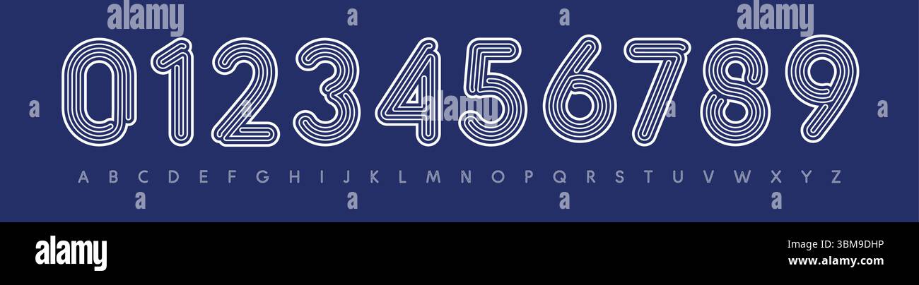 Contours arrondis, police de rayures, alphabet linéaire moderne, police de caractères rétro logo, numéros de contour géométrique, pour la marque de l'équipe de football, sport Illustration de Vecteur