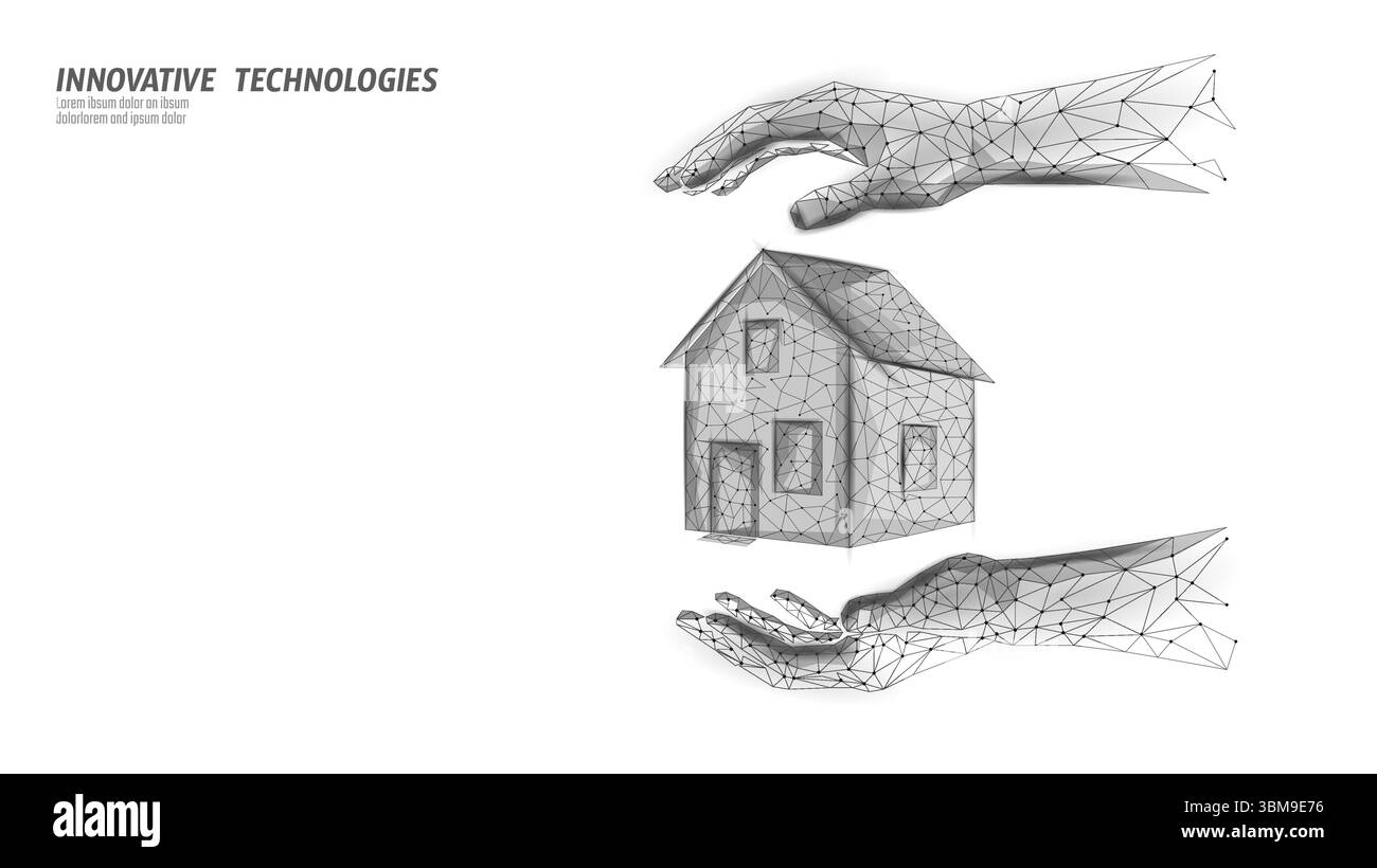 Mains de protection de maison en polyéthylène basse. Immobilier d'investissement sécurisé à domicile polygonal. Assurance construction logement de sécurité familiale. Monochrome géométrique Illustration de Vecteur