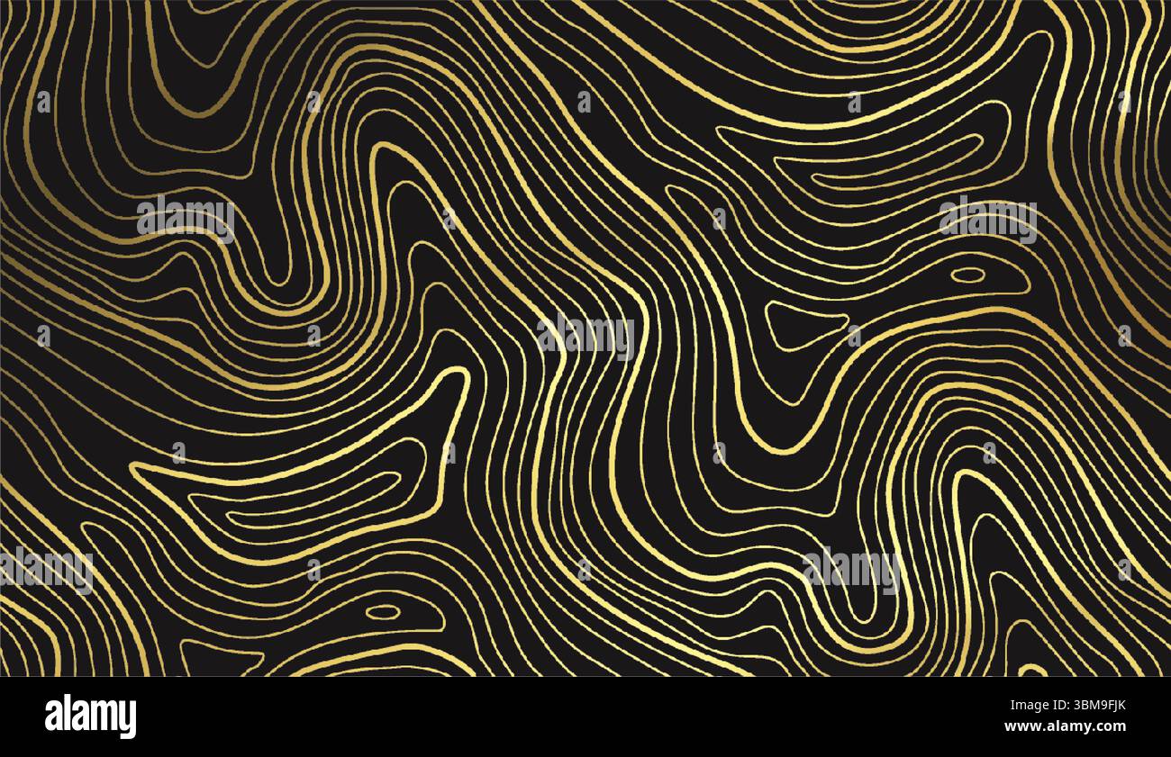 Texture abstraite de motif de ligne d'or. Fond de luxe inspiré par les formes de montagne et de vagues. Forme de contour et conception de carte dans l'art de topographie vectorielle pour Illustration de Vecteur
