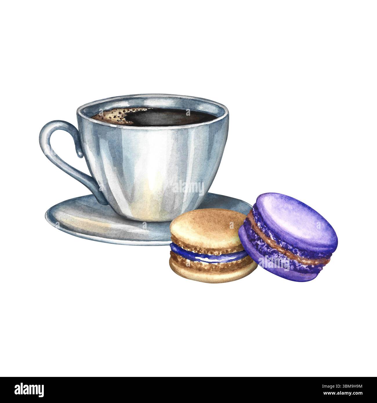 Une tasse de café et un biscuit macaron. Illustration d'aquarelle dessinée à la main. Image colorée. Cuisine française. Pour emballages, logos et étiquettes. Pour banne Banque D'Images
