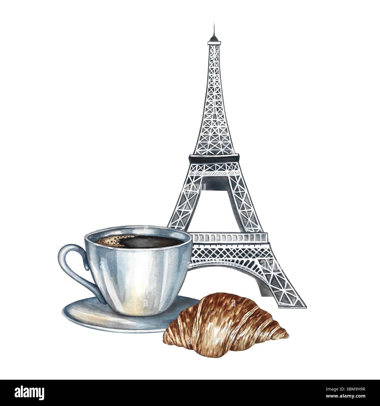 Une tasse de café, un croissant et la Tour Eiffel. Illustration d'aquarelle dessinée à la main. Isolation. Image couleur. Pour emballages, logos et étiquettes. Pour Banque D'Images