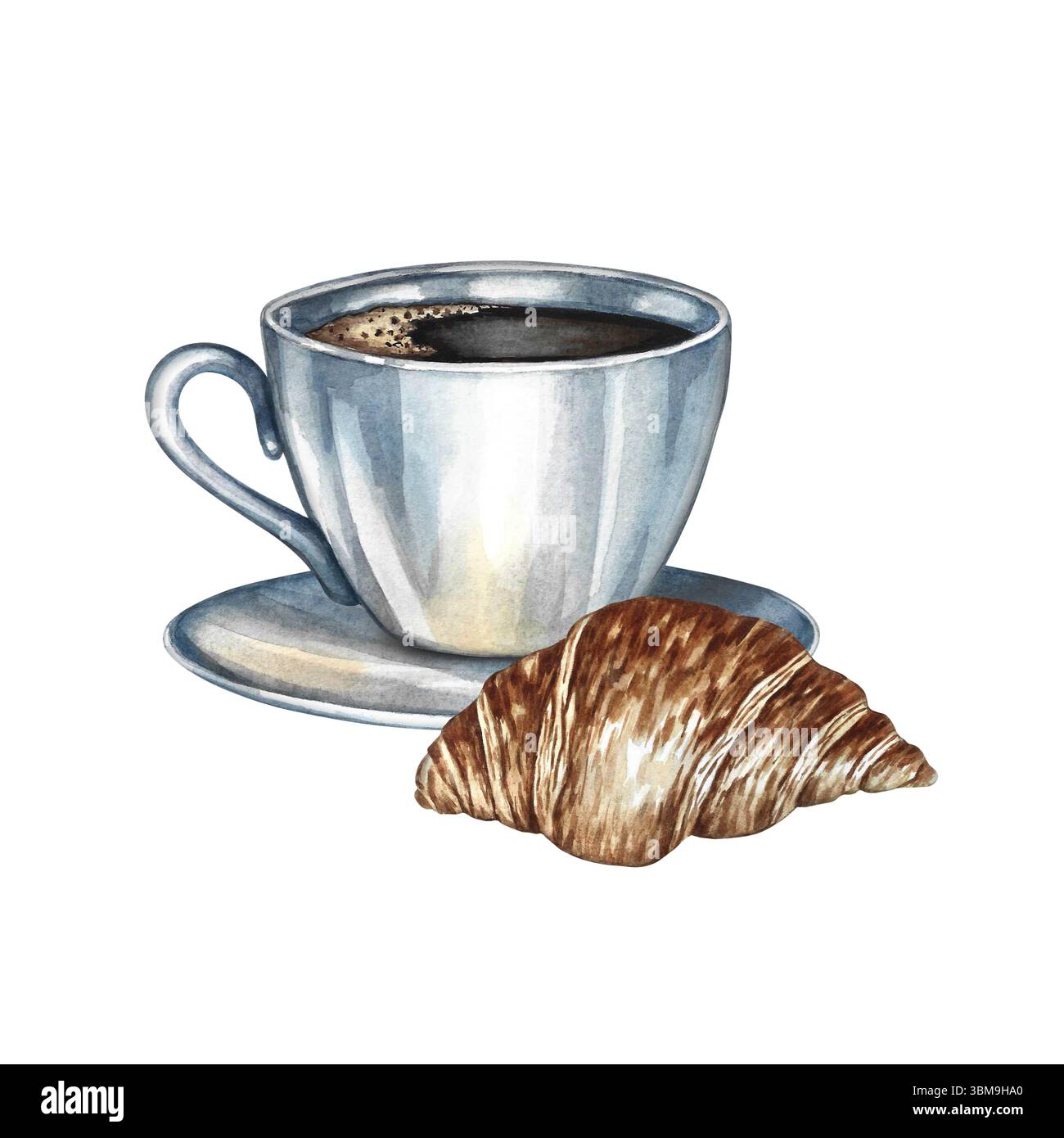 Une tasse de café et un croissant. Illustration d'aquarelle dessinée à la main. Isoler. Image couleur. Pour emballages, logos et étiquettes. Pour bannières, flyers, menu Banque D'Images