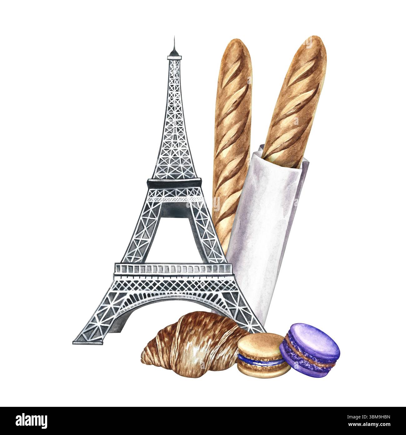Baguette française, macaron, croissant et Tour Eiffel. Illustration d'aquarelle dessinée à la main. Image colorée. Pâtisseries françaises célèbres. Pour menu et R. Banque D'Images
