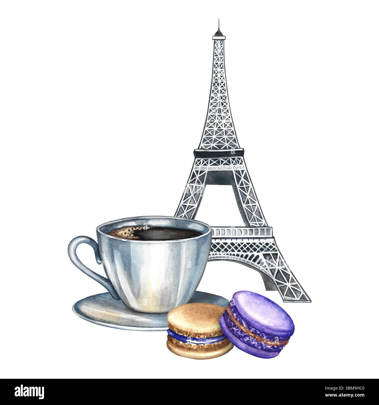 Une tasse de café, des biscuits macarons aux amandes et la Tour Eiffel. Illustration d'aquarelle dessinée à la main. Image colorée. Cuisine française. Pour l'emballage et Banque D'Images