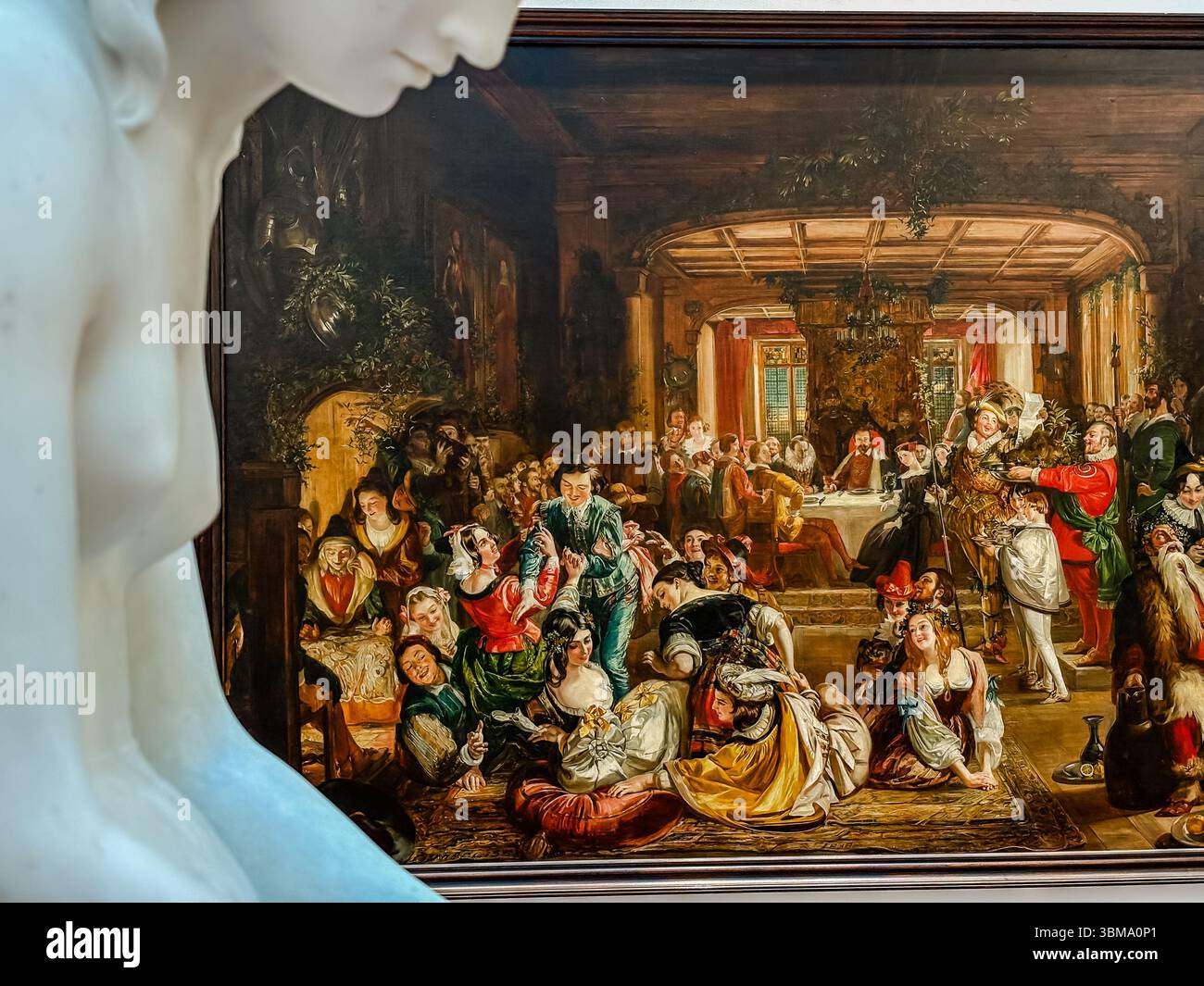 Œuvres exposées à la National Gallery of Ireland à Dublin, Irlande. La peinture montre une scène historique avec de nombreux personnages, vus devant une statue. Banque D'Images