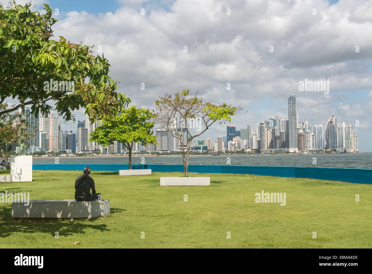 Homme assis à l'ombre d'un arbre dans un parc. Skyline du cty en arrière-plan. Panama City, Panama. Banque D'Images