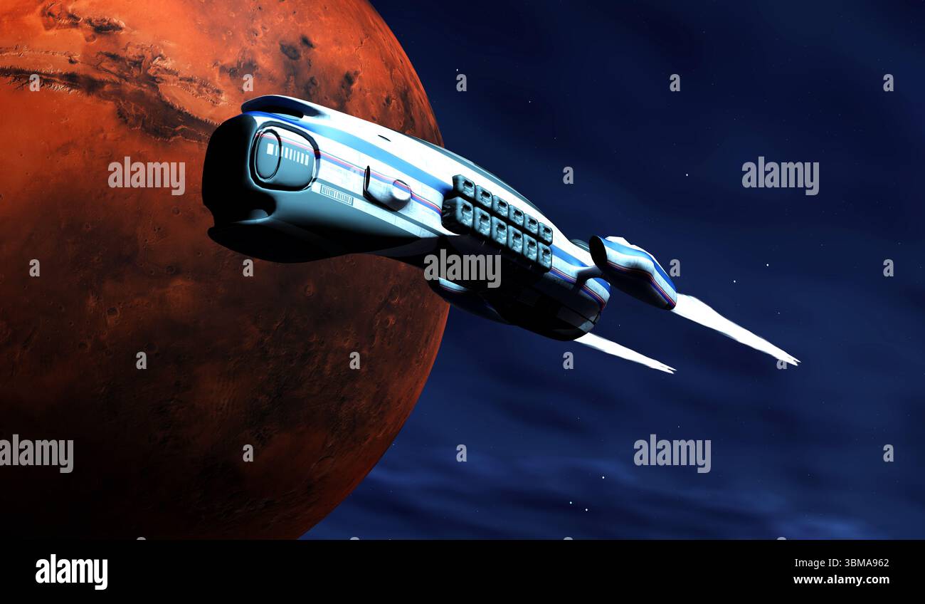 Dans le futur, un vaisseau spatial orbite autour de la planète mars dans notre système solaire. Banque D'Images