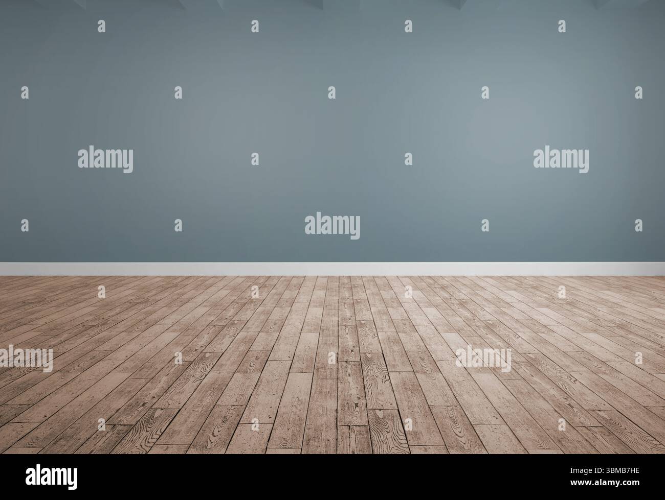 La conception plate montre l'intérieur de la pièce vide avec mur bleu-gris, plancher de bois franc, poutres apparentes Banque D'Images