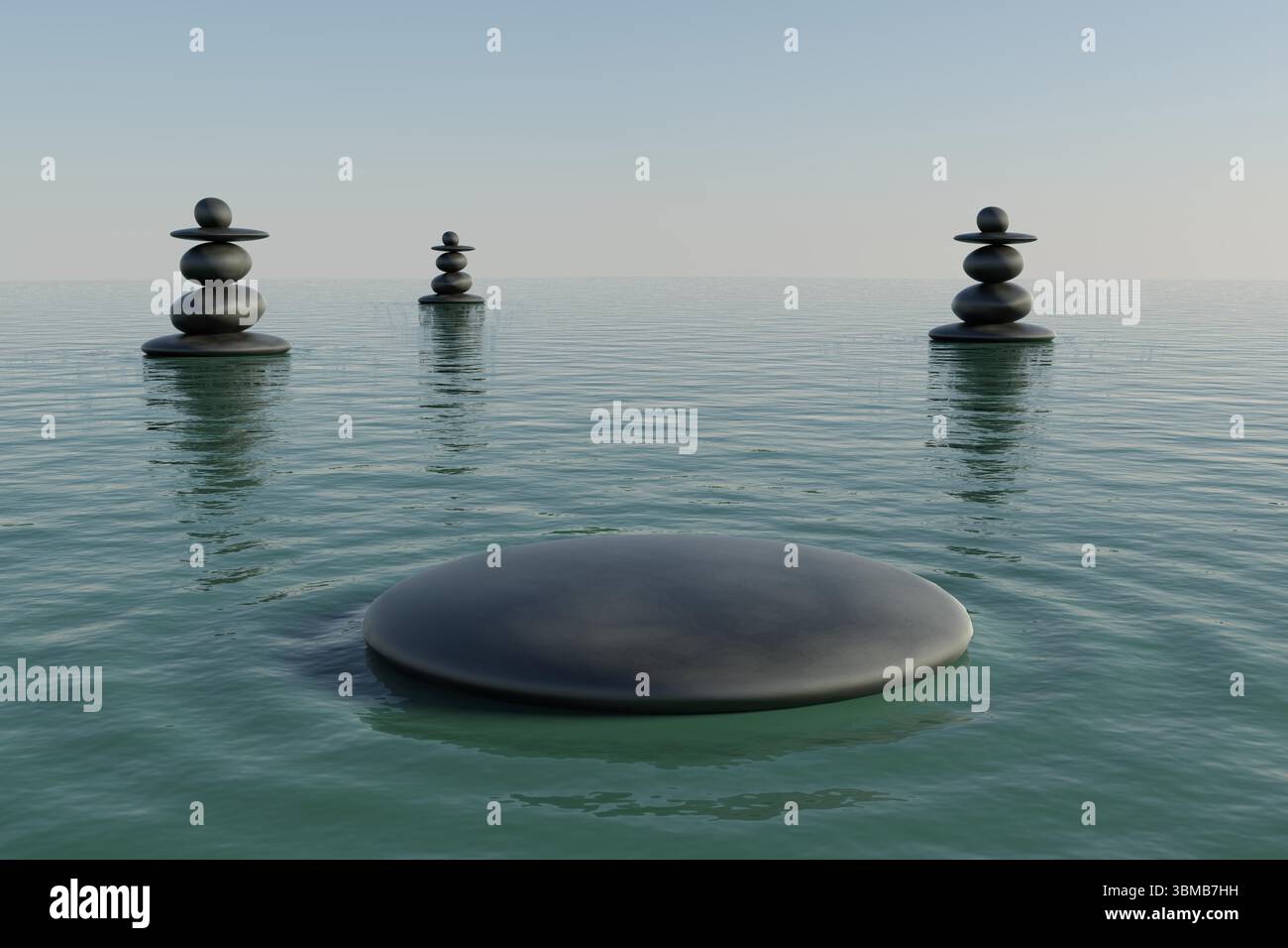 Montrant un design plat équilibrant un grand disque de pierre sombre, trois piles sur l'eau calme sous le ciel dégradé Banque D'Images