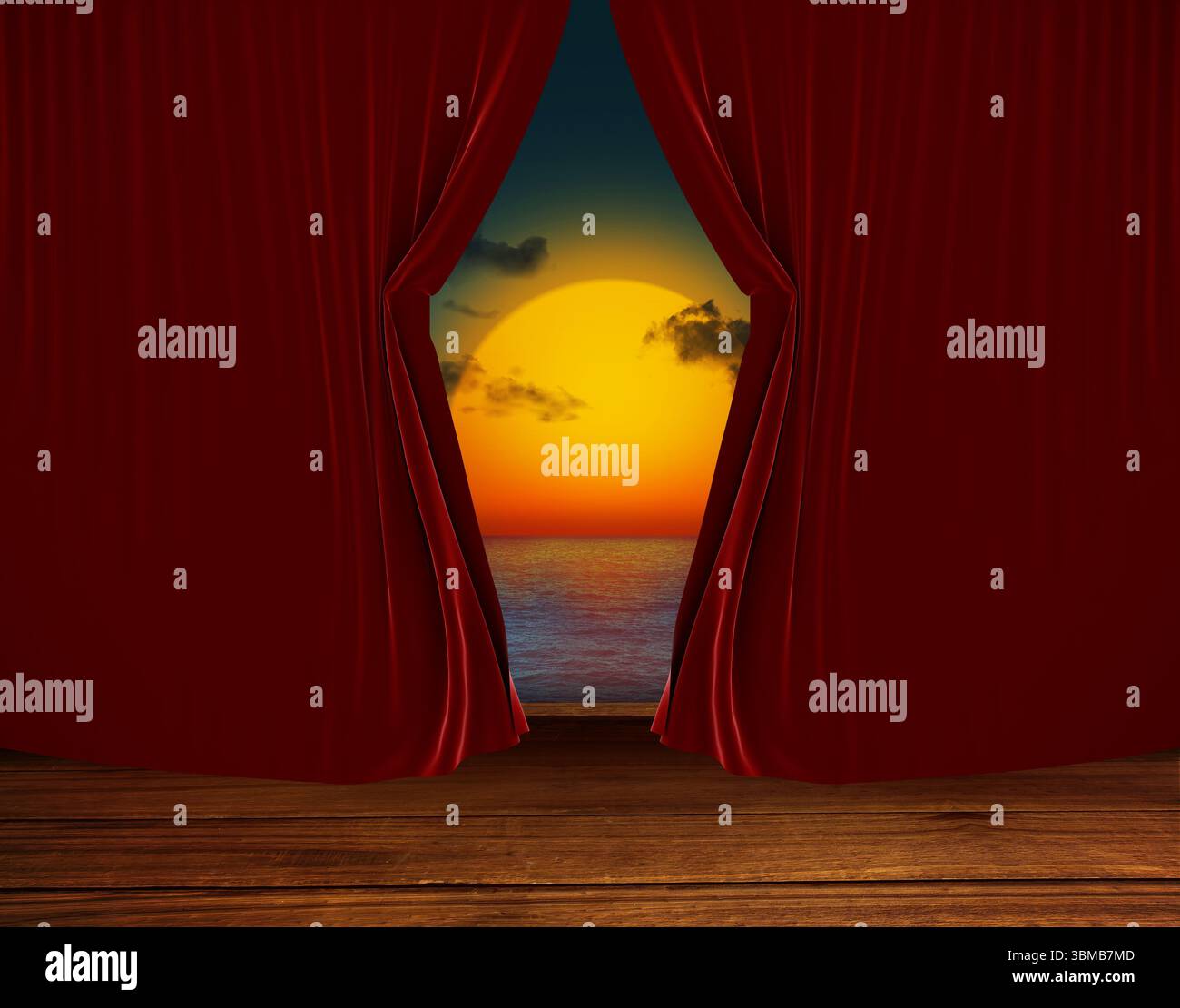 Les rideaux de velours rouge ouverts encadrent le sol de la scène avec le coucher du soleil sur l'océan dans un design plat Banque D'Images Les rideaux de velours rouge ouverts encadrent le sol de la scène avec le coucher du soleil sur l'océan dans un design plat Banque D'Images