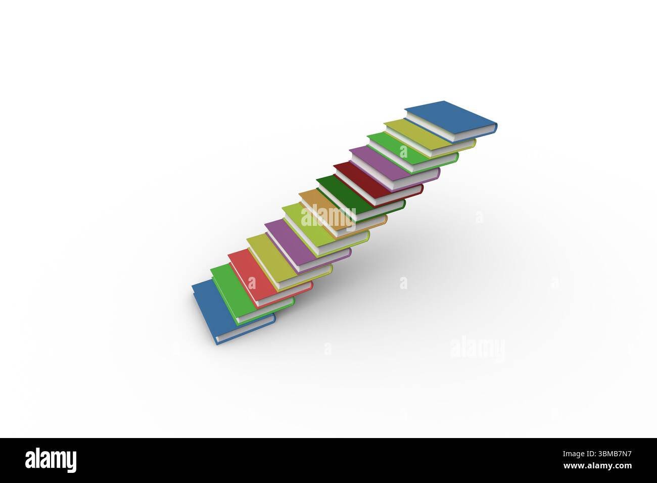 Rendu 3D minimal montrant des livres colorés formant escalier diagonal sur plan blanc, espace de copie Banque D'Images