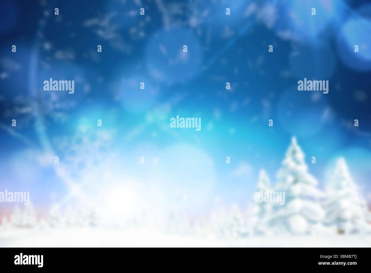 L'art vectoriel montre la grappe de pins enneigés sur un champ enneigé avec des flocons de neige qui tombent et des cercles de bokeh Banque D'Images