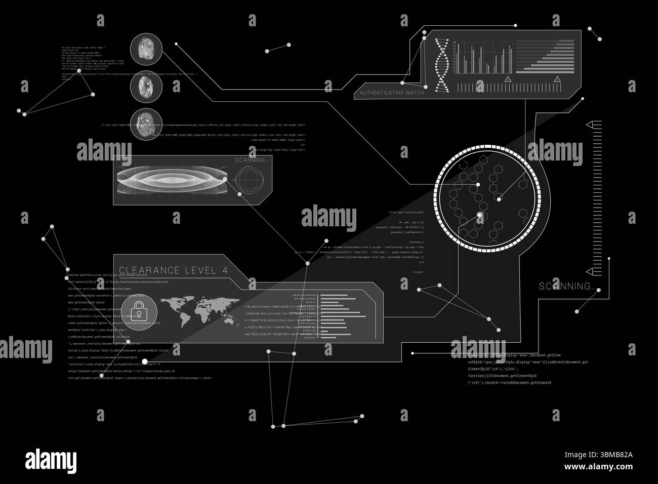 Affichage de l'interface utilisateur plate à thème sombre avec panneau de balayage hexagonal, graphique ADN, carte verrouillée, bloc de code et nœuds Banque D'Images