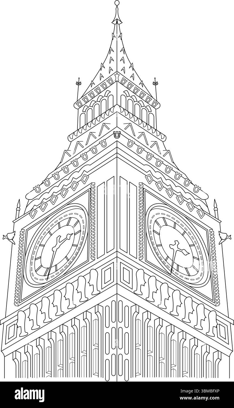 Illustration détaillée en noir et blanc représentant la partie supérieure de l'emblématique tour de l'horloge Big Ben, qui fait partie du Palais de Westminster Illustration de Vecteur
