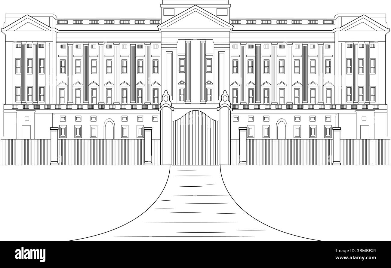 Dessin au trait noir et blanc simple mais détaillé de la vue extérieure du palais de Buckingham à Londres, Angleterre. L'illustration montre la façade principale Illustration de Vecteur