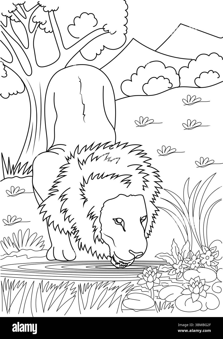 Cette illustration au trait noir et blanc représente un lion puissant avec une magnifique crinière se penchant pour boire de l'eau d'un étang calme. La scène dans Illustration de Vecteur