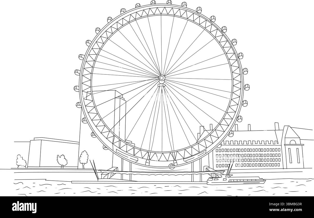 Dessin minimal en noir et blanc de la roue d'observation du London Eye, située sur la rive sud de la Tamise à Londres, en Angleterre. L'Ill Illustration de Vecteur