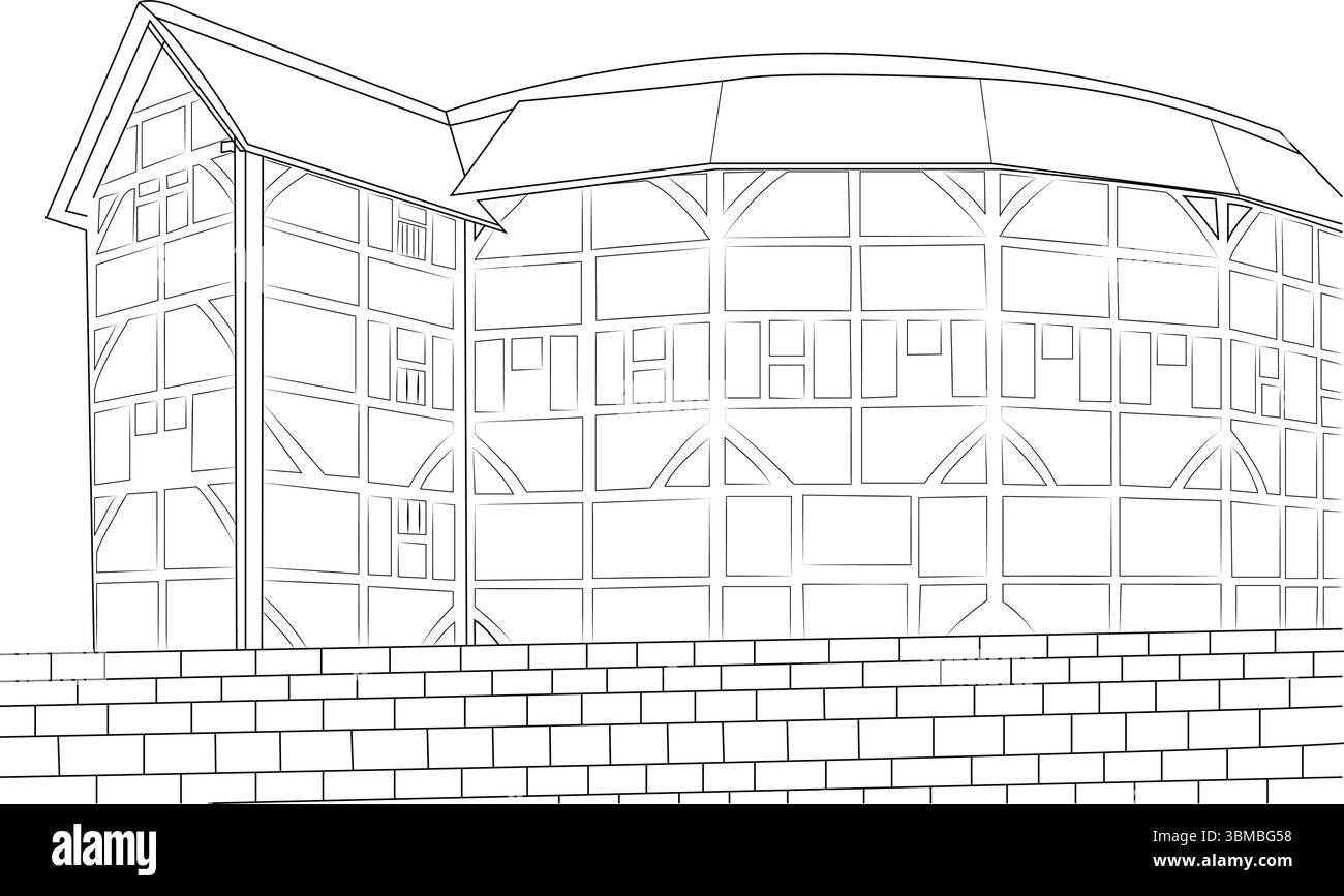 Illustration précise en noir et blanc illustrant l'architecture extérieure emblématique du Shakespeare's Globe Theatre à Londres. Le dessin haut Illustration de Vecteur
