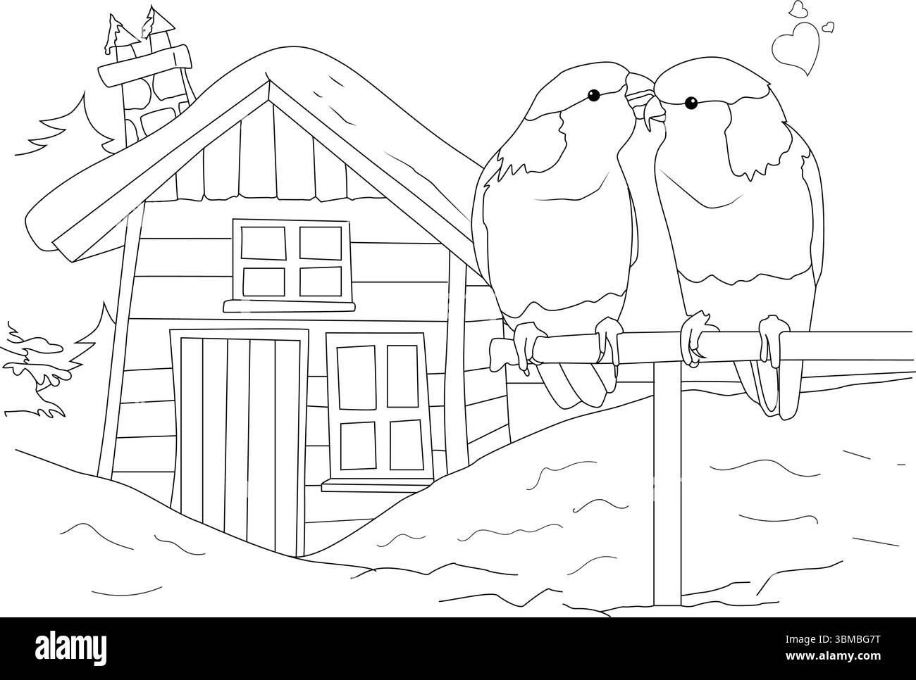 Illustration d'art au trait noir et blanc représentant deux oiseaux adorables représentés en couple, peut-être des tourtereaux, perchés sur un rail devant un bois rustique Illustration de Vecteur