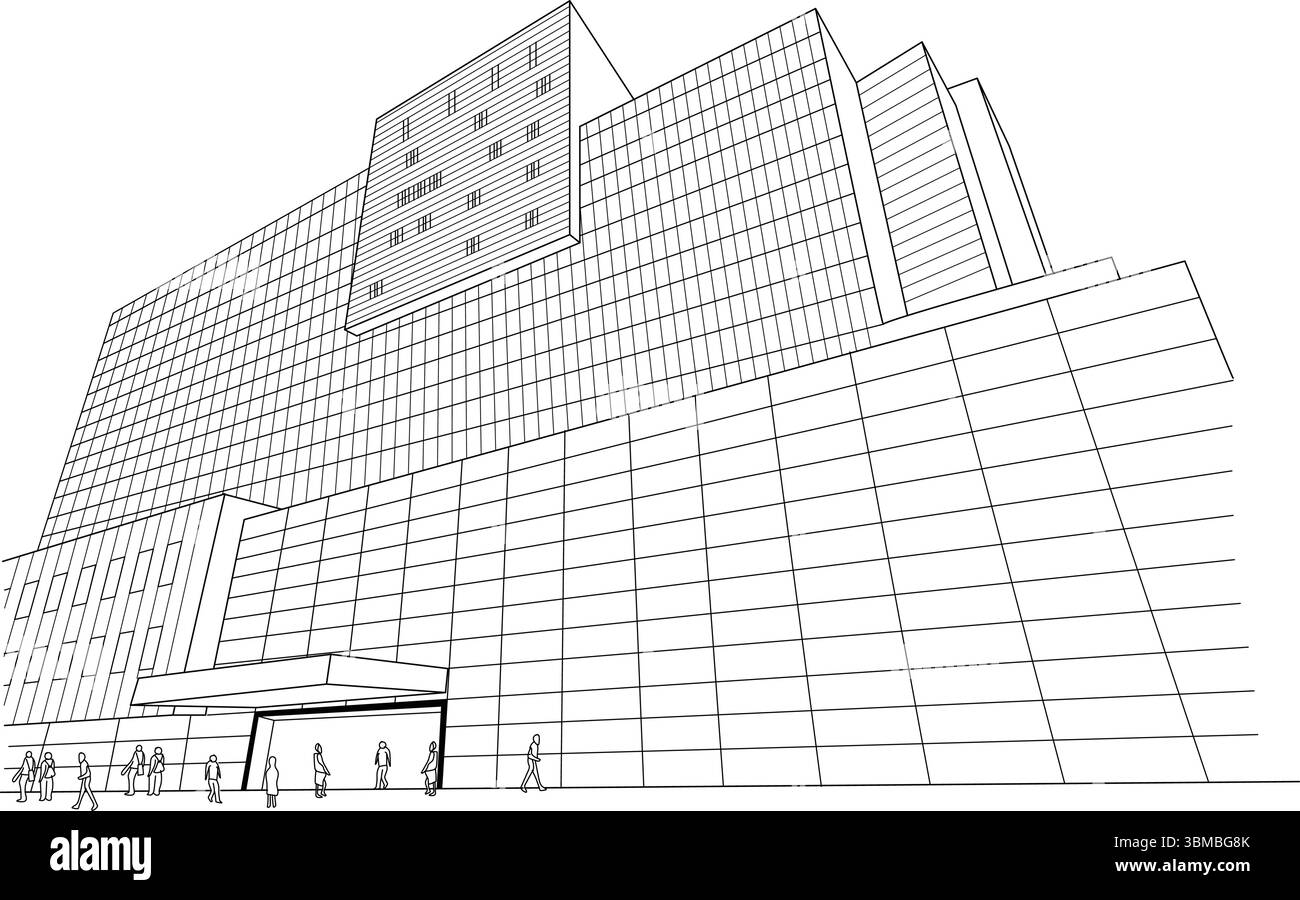 Illustration au trait noir et blanc de haute qualité représentant l'extérieur du bâtiment du Royal London Hospital à Londres, au Royaume-Uni. La mise en plan capture Illustration de Vecteur