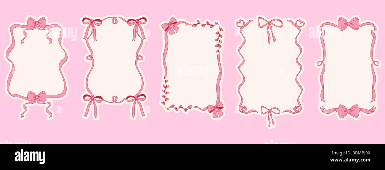 Cadres décoratifs noeud coquette avec rubans roses. Bordures fantaisistes dessinées à la main modernes pour les invitations et les cartes. Illustration de Vecteur