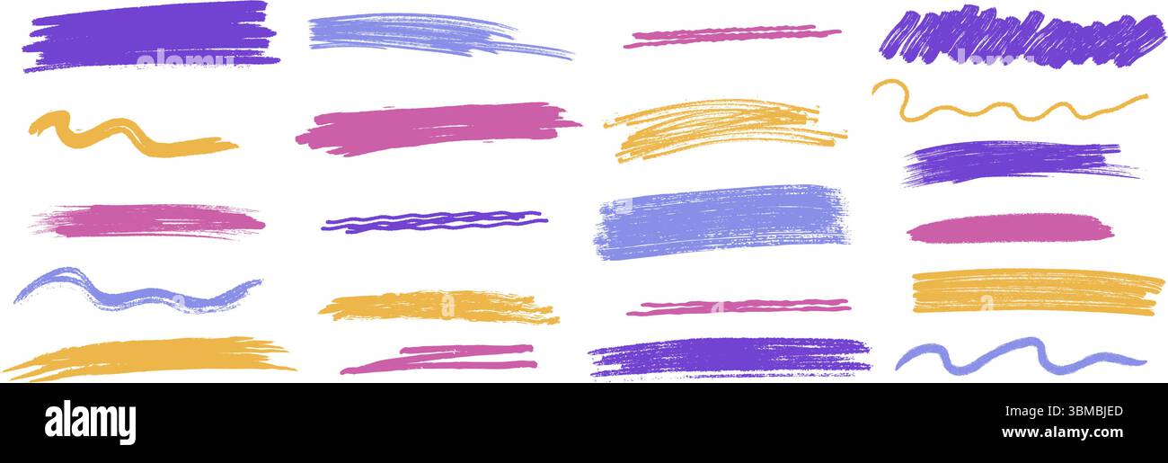 Jeu de traits de trait de craie multicolore et de pinceau de griffonnage. Lignes pastel dessinées à la main, grincements et éléments en surbrillance. Illustration vectorielle Illustration de Vecteur