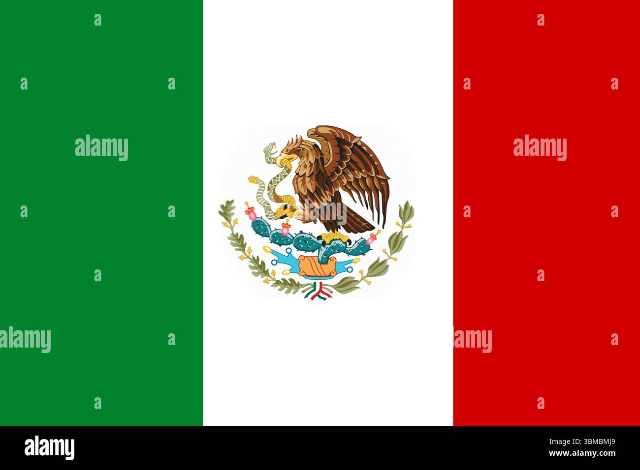 Drapeau mexicain montre la conception de vecteur plat avec aigle, serpent, cactus, branches de laurier de chêne, ruban Banque D'Images