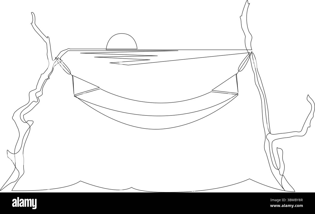 Dessin continu d'une ligne de hamac accroché sur les arbres avec un coucher de soleil sur la mer en arrière-plan. Vecteur de style ligne simple minimaliste Illustration de Vecteur