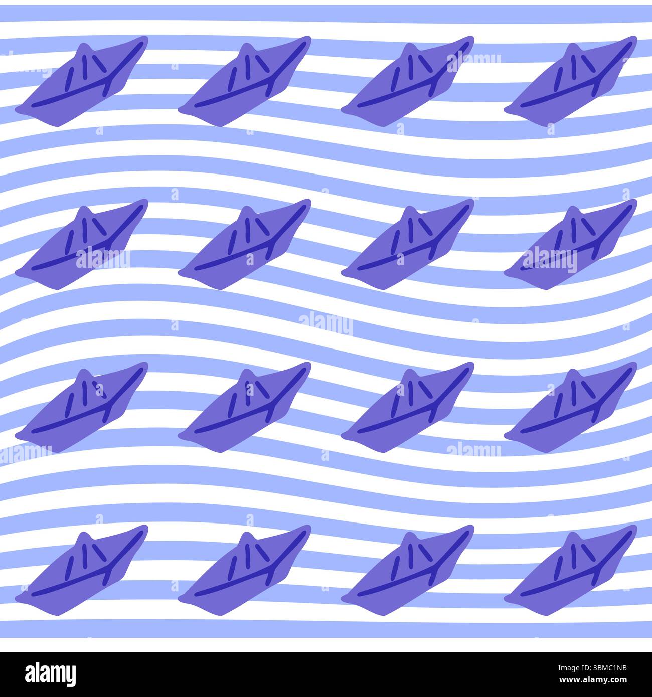 Modèle d'été de bateau en papier sans couture. Bateaux en papier violet flottant sur fond rayé bleu et blanc ondulé. Dessin animé plat sans couture répétition. Illustration de Vecteur