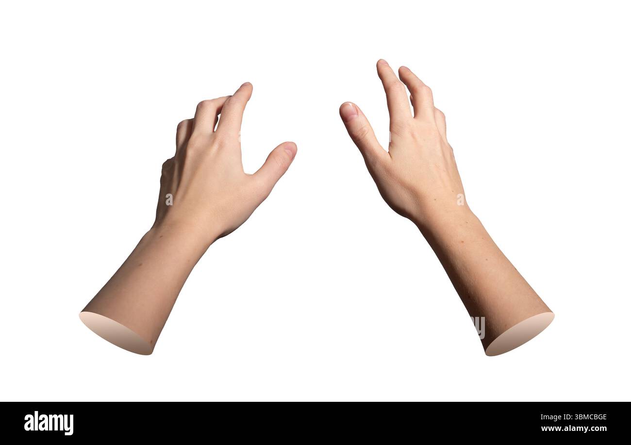 Mains tendues vers l'avant avec les doigts écartés ouverts et le poignet lisse. Paire de bras féminins s'étendant dans un geste de préhension douce exprimant l'interaction et Banque D'Images