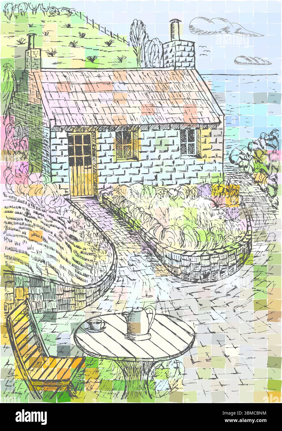 Ce ravissant croquis vectoriel représente un cottage anglais pittoresque avec un jardin luxuriant, surplombant la mer. Doté d'une table en bois, d'une chaise et d'une théière, je Illustration de Vecteur