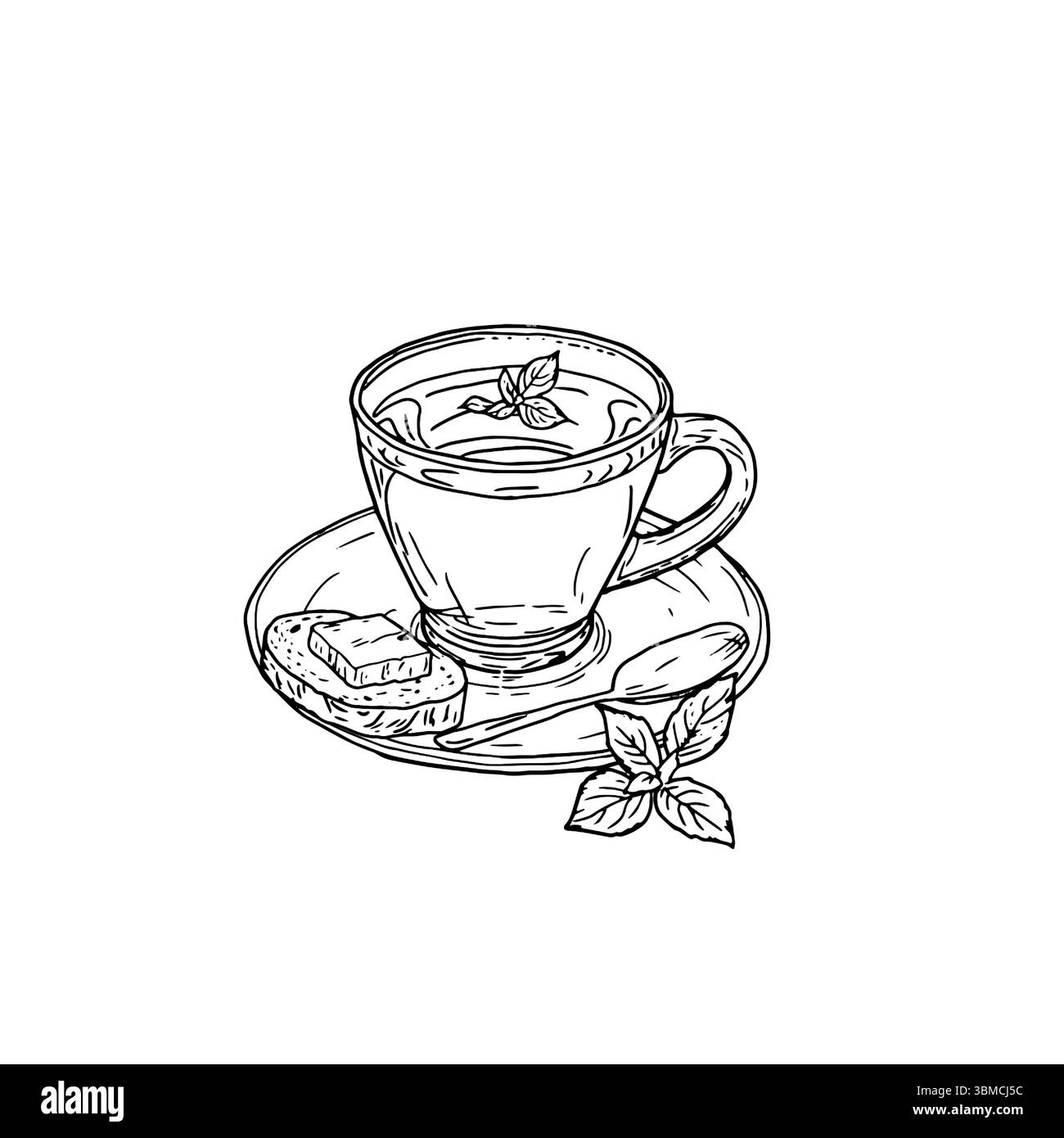 Tasse à café en porcelaine sur soucoupe et sandwich beurré, croquis à l'encre noire et blanche. Illustration vectorielle. Mug de thé chaud avec des feuilles de menthe, isolé sur Illustration de Vecteur