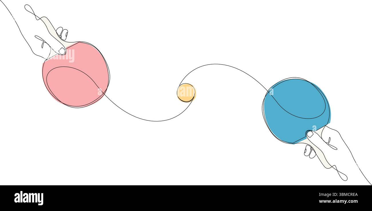 Mains des joueurs tenant des pagaies de ping-pong et balle dessinée par une ligne continue. Tennis de table une ligne Journée mondiale du tennis. Concept sportif populaire. Vecteur Illustration de Vecteur