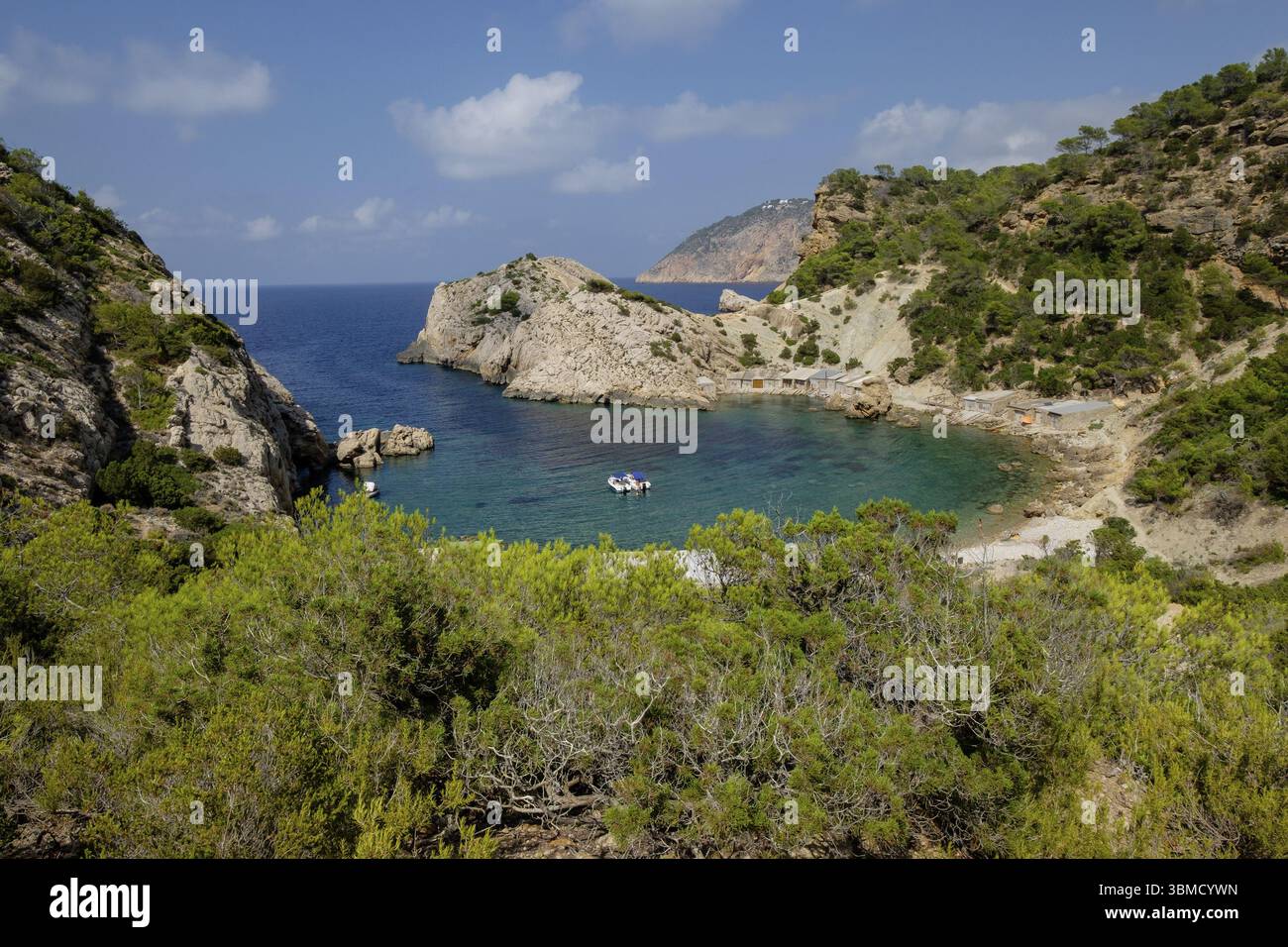Es Portitxol plage, crique en pierre, municipalité de Sant Joan de Labritja, Ibiza, Îles Baléares, Espagne, Europe Banque D'Images
